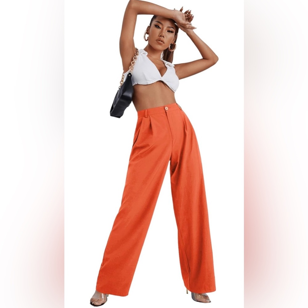 Women's Casual Wide Leg High Waisted Button Down Straight Long Trousers Pants